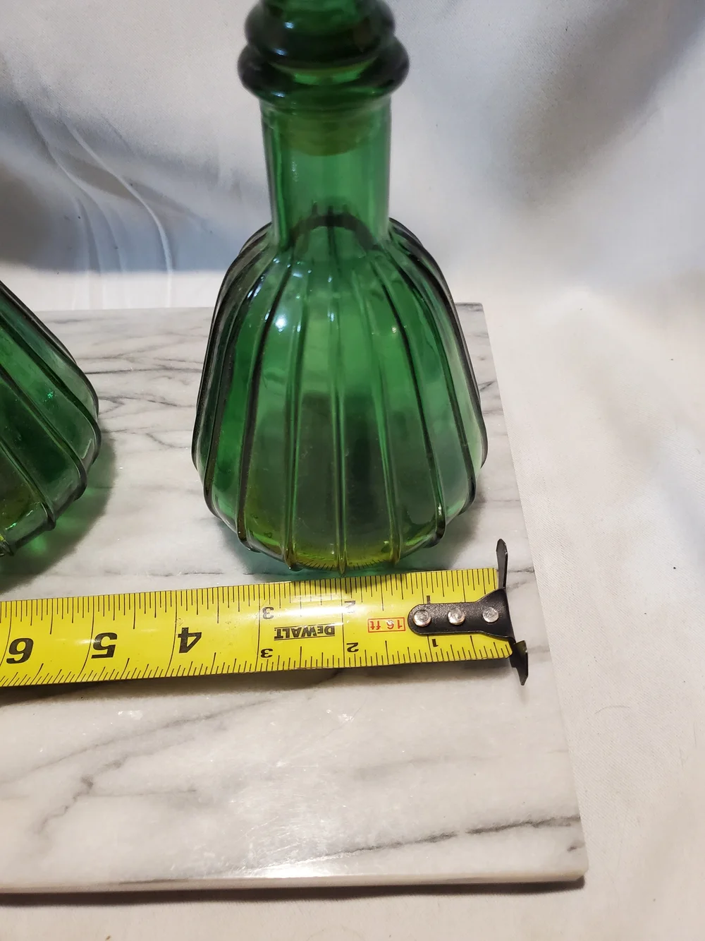 Vintage MCM Empoli Green Glass Genie Bottles Pair - 1960s Italian Art Glass...